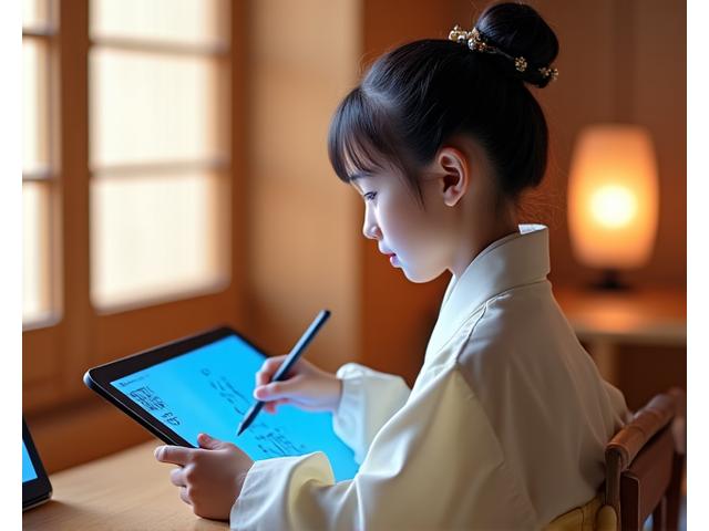 한복을 입은 학생들이 스마트 태블릿으로 전통 한국 서예를 디지털로 배우는 모습.