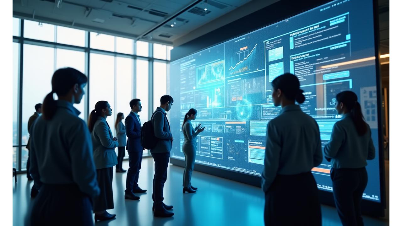 A diverse group of Korean educators and technological experts collaborating in a modern, brightly lit office, with digital interfaces showing educational content and data. The mood is innovative and collaborative.