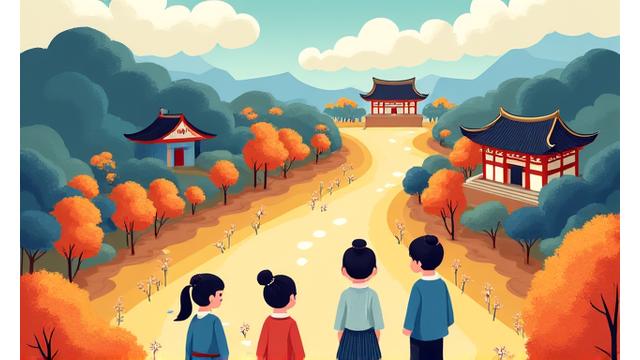 고궁을 배경으로 역사 게임을 즐기는 어린 왕자, 공주 캐릭터