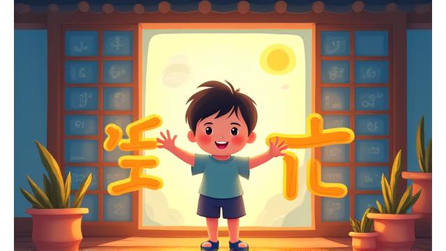 고즈넉한 한옥 배경에서 한글을 배우는 아이