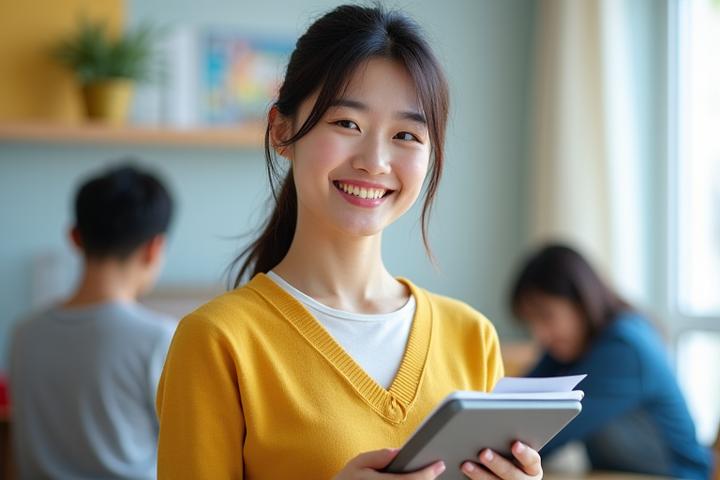 자료와 트레이닝 교재를 들고 미소 짓는 한국인 선생님