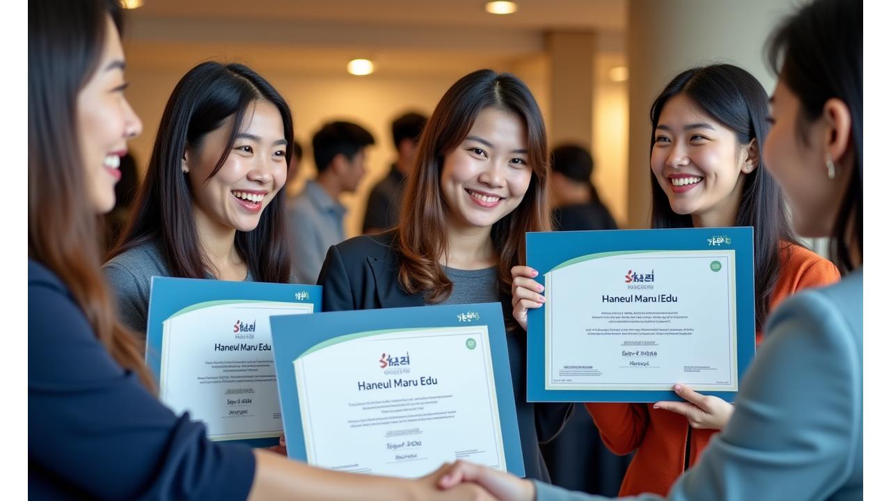밝고 현대적인 교실에서 교사들이 디지털 교육 인증서를 받고 축하하는 모습