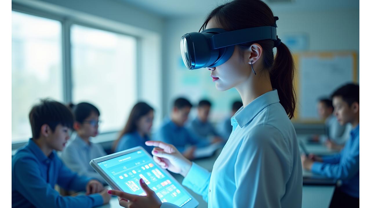 한국 교사들이 태블릿과 VR 헤드셋을 사용하여 첨단 교육 기술을 학습하는 모습