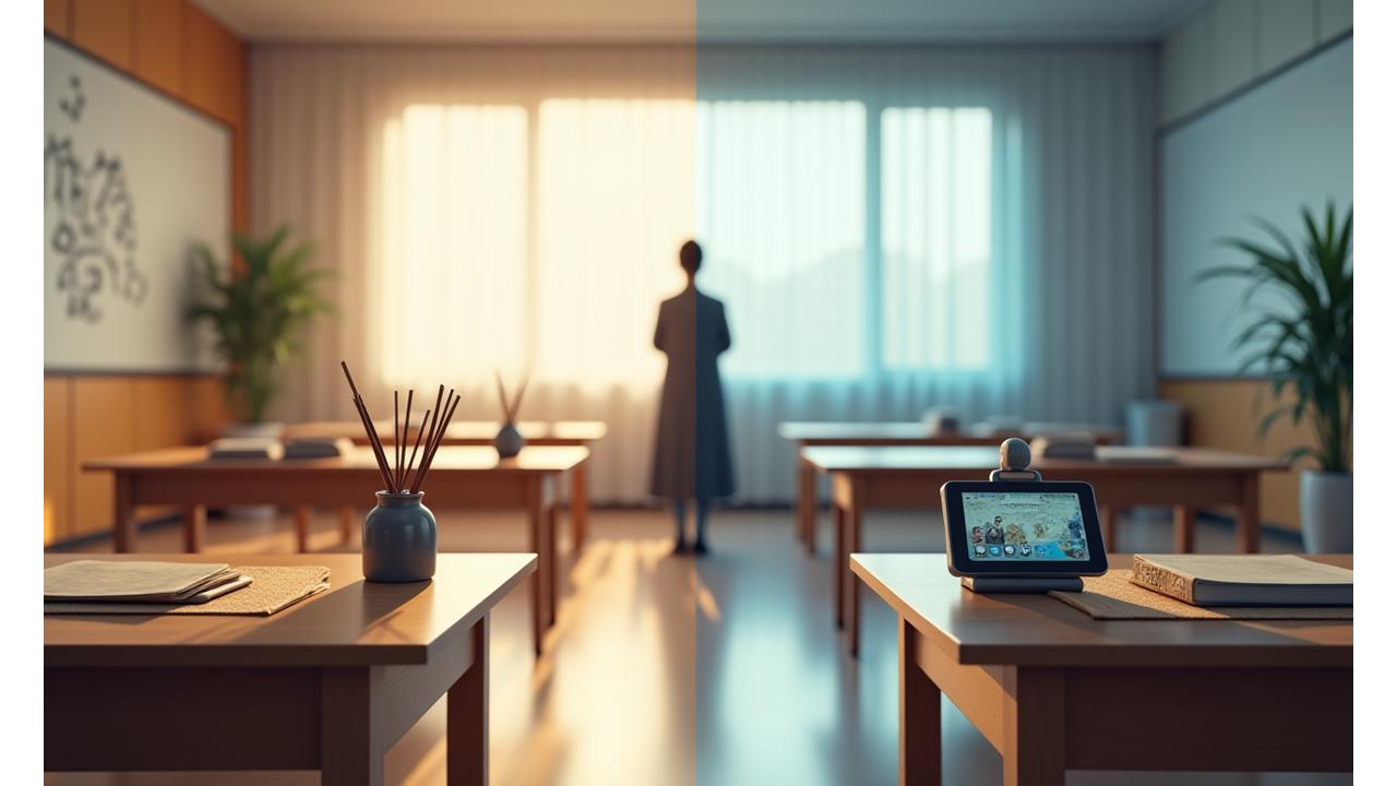 전통적인 한국 교실과 현대적인 스마트 기기가 조화롭게 배치된 학습 환경