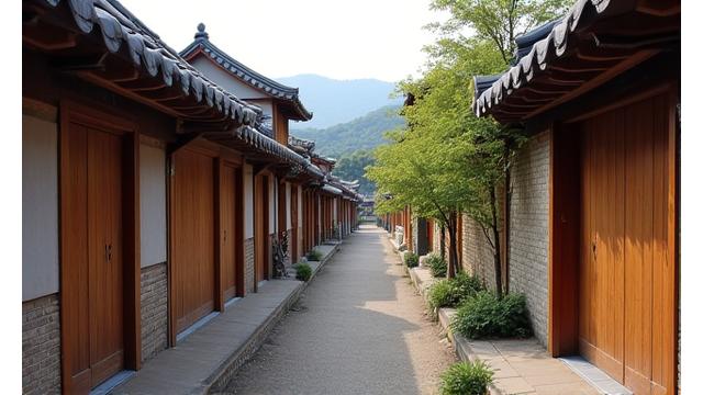 서울 북촌 한옥마을의 고즈넉한 골목길과 전통적인 한옥들. VR로 과거와 현재가 공존하는 한국의 삶을 경험.