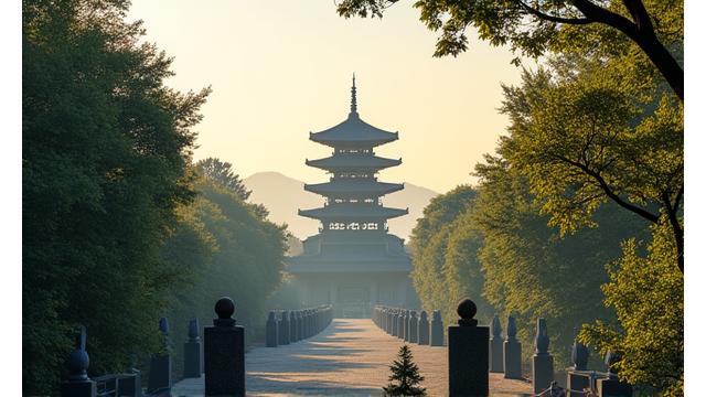 경주 불국사의 석가탑, 다보탑 등 주요 건축물이 보이는 아름다운 풍경. 학생들이 가상으로 탐험한다.