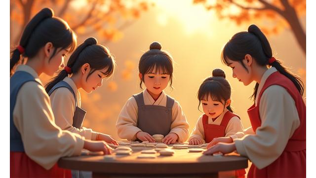 풍성한 한가위 명절에 가족들이 모여 송편을 만들고 전통 놀이를 하는 활기찬 장면.