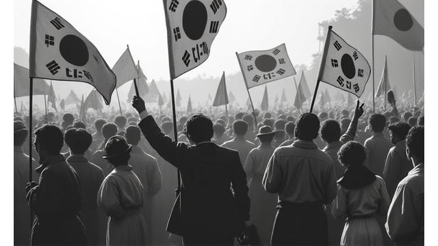일제강점기 독립운동가들이 태극기를 들고 만세 시위를 펼치는 흑백 사진을 재현한 그림. 학생들은 이 시대를 가상으로 경험한다.