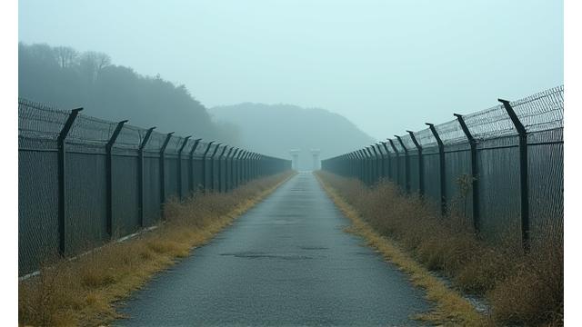 DMZ 지역의 판문각과 철책선, 그리고 평화로운 비무장지대에 서서 역사를 살펴보는 학생 모습.