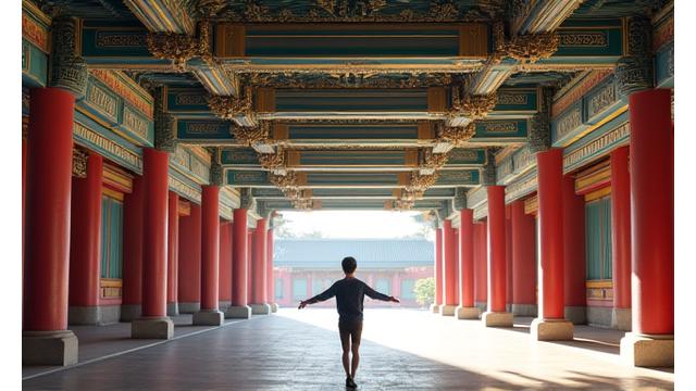 경복궁 근정전의 웅장한 내부와 VR로 이를 둘러보는 학생들의 모습.