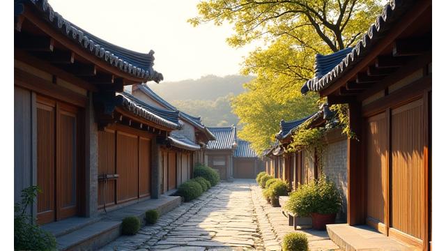 북촌 한옥마을의 고즈넉한 풍경과 한복을 입은 학생들이 VR로 마을을 탐색하는 모습.