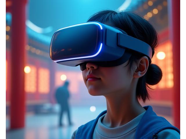 학생이 VR 헤드셋을 착용하고 화려한 조선 시대 궁궐 내부를 탐험하는 모습. 몰입적인 가상현실 교육 경험을 나타냅니다.
