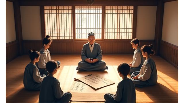 조선 시대 서당에서 학생들이 훈민정음을 배우는 모습, 배경에는 경복궁이 보인다.