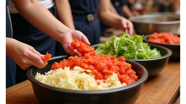 김장철 가족들이 함께 김치를 담그는 전통적인 김치 만들기 체험 장면.