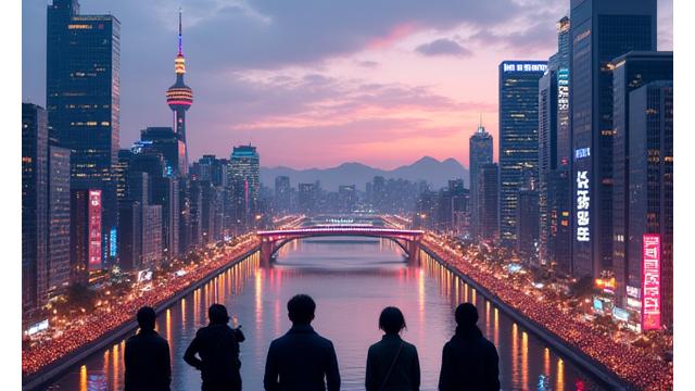 역동적인 서울의 스카이라인, 최첨단 기술과 전통적인 요소가 어우러진 모습.
