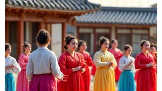다채로운 한복을 입은 사람들이 전통적인 한국 가옥 앞에서 축제를 즐기는 모습. 한국의 미학과 전통 생활을 보여줍니다.