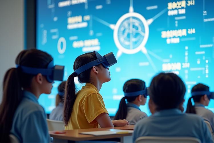 한국 교육부 로고와 함께 VR 학습을 하는 학생들이 있는 이미지