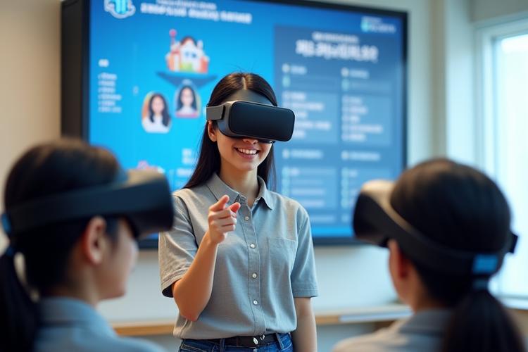 VR 헤드셋을 착용한 학생들을 지도하는 한국인 교사
